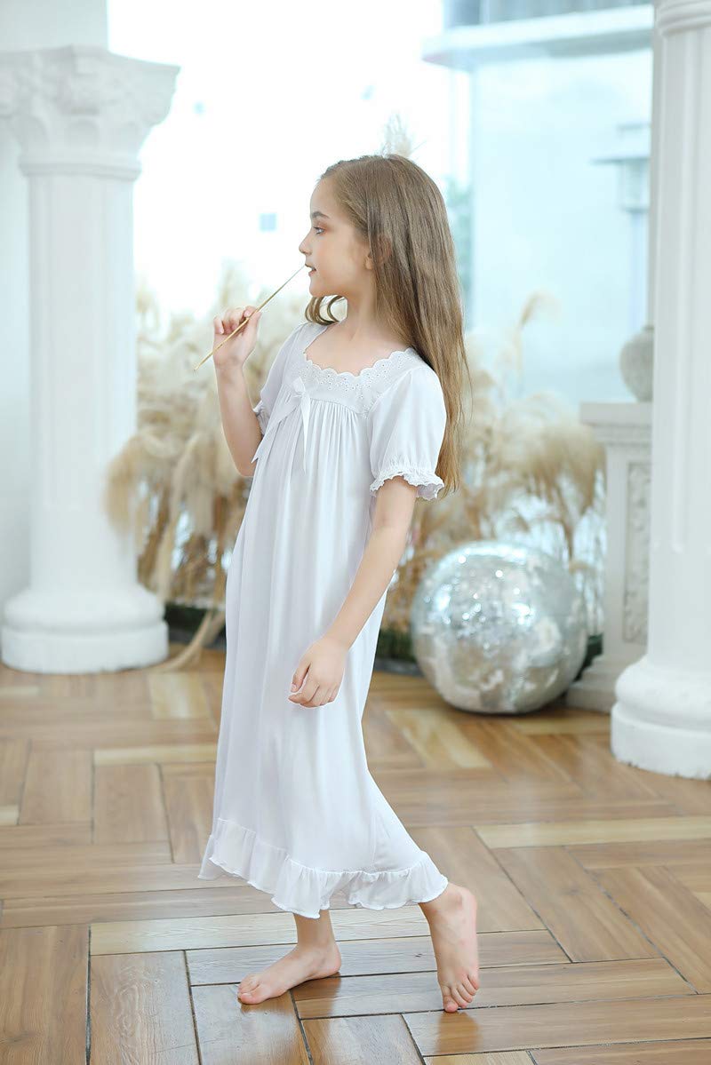 CHUNG Toddler Little Big Girls Modal Nightgowns Soft Princess Short Sleeve Round Square Neck Long Sleep Dress Vintageâ€¦ (130, 700 White) - Image 5